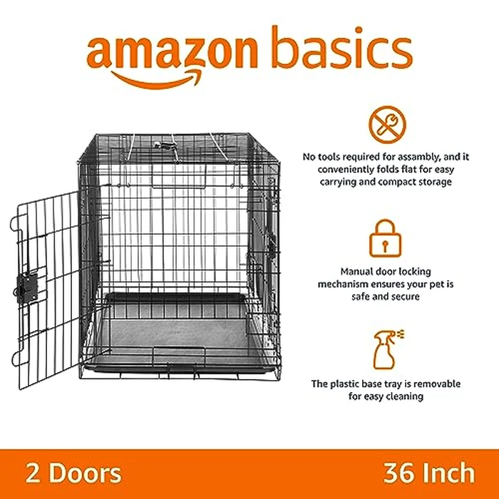 Amazon Basics Portable, Easy to Assemble, Foldable Metal Wire Dog Crate with Removable Tray, Double Door, Divider Panel, Handle, 36" x 23" x 25", Black by Amazon Basics - Image 2
