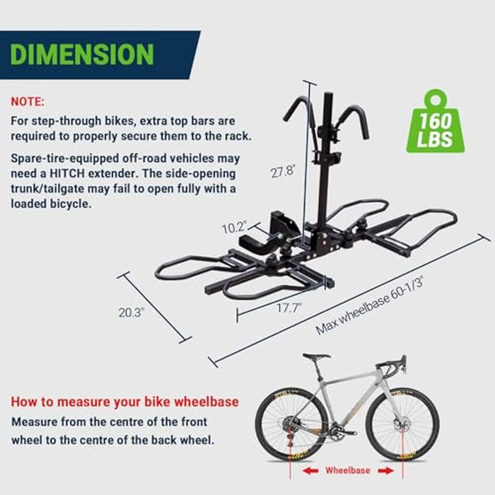 Bike Rack Hitch, 2 Bike Rack for Hitch, Hitch Mount Bike Rack for Car SUV Truck, 160 lbs Capacity, Foldable Tilt-Away Trailer Hitch Bike Rack for E-Bikes and Fat Tire Bikes, Fits 2" Receiver by Season Guard - Image 7