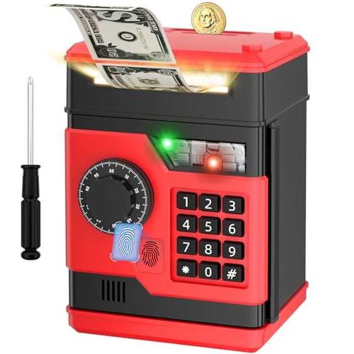 NAFEIV Piggy Bank, Automatic Electronic Piggy Bank for Kids Boys Girls with Password and Fingerprint Unlocking Simulation, Money Bank Kids Safe Toys for 3 4 5 6 7 8 9 10 Year Old Boy Girl (Black Red) by NAFEIV - Used - Like New condition - US$28.49
