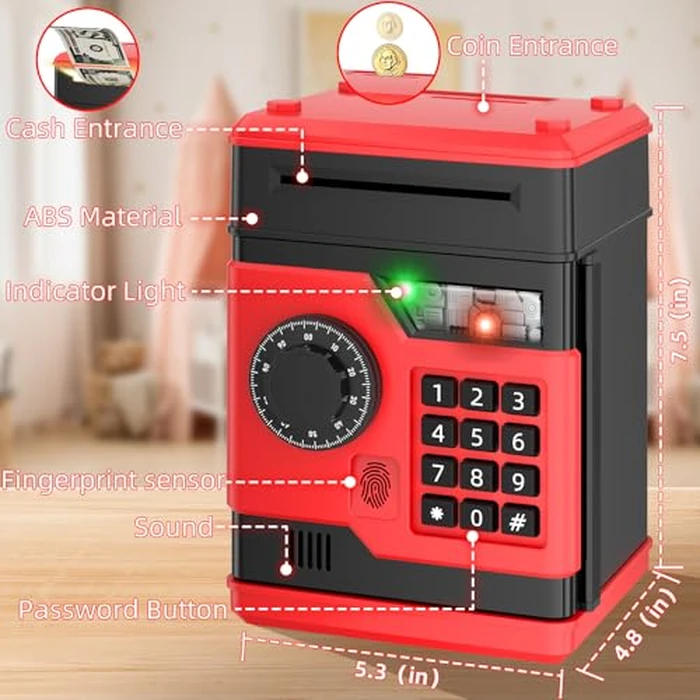 NAFEIV Piggy Bank, Automatic Electronic Piggy Bank for Kids Boys Girls with Password and Fingerprint Unlocking Simulation, Money Bank Kids Safe Toys for 3 4 5 6 7 8 9 10 Year Old Boy Girl (Black Red) by NAFEIV - Image 2