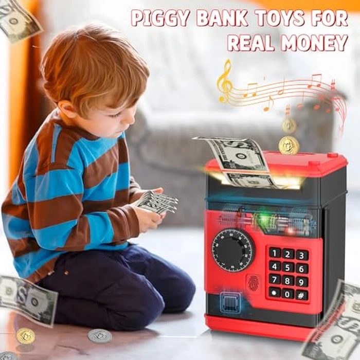 NAFEIV Piggy Bank, Automatic Electronic Piggy Bank for Kids Boys Girls with Password and Fingerprint Unlocking Simulation, Money Bank Kids Safe Toys for 3 4 5 6 7 8 9 10 Year Old Boy Girl (Black Red) by NAFEIV - Image 3