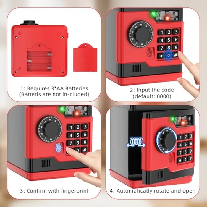 NAFEIV Piggy Bank, Automatic Electronic Piggy Bank for Kids Boys Girls with Password and Fingerprint Unlocking Simulation, Money Bank Kids Safe Toys for 3 4 5 6 7 8 9 10 Year Old Boy Girl (Black Red) by NAFEIV - Image 4