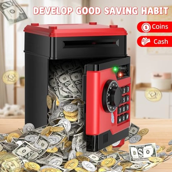 NAFEIV Piggy Bank, Automatic Electronic Piggy Bank for Kids Boys Girls with Password and Fingerprint Unlocking Simulation, Money Bank Kids Safe Toys for 3 4 5 6 7 8 9 10 Year Old Boy Girl (Black Red) by NAFEIV - Image 5