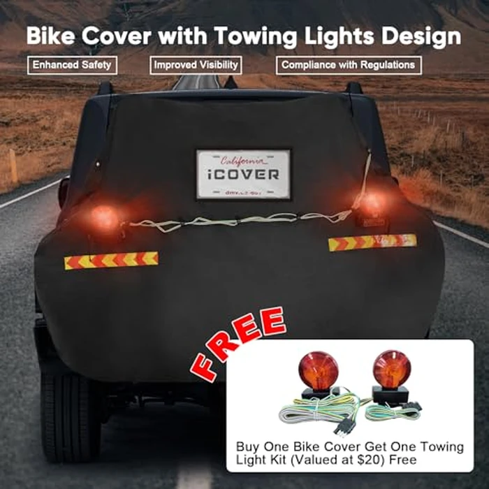 iCOVER Bike Cover for 2 Bikes transport on Hitch Rack, with Tail Lights & License Plate Pocket, 600D Heavy Duty Waterproof bicycle E-Bike Cover for transportation, Incl Towing Light & Bungee Cargo Net by i COVER - Image 2