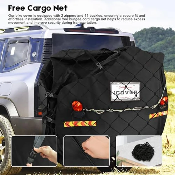 iCOVER Bike Cover for 2 Bikes transport on Hitch Rack, with Tail Lights & License Plate Pocket, 600D Heavy Duty Waterproof bicycle E-Bike Cover for transportation, Incl Towing Light & Bungee Cargo Net by i COVER - Image 6