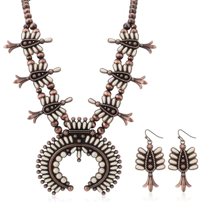 JMScape 4 PCS Western Turquoise Jewelry for Women Boho Vintage Navajo Pearl Necklace Earring Bracelet Ring Set Country Cowgirl Accessories for Gift (P-White) by JMScape - Used - Very Good condition - US$16.44