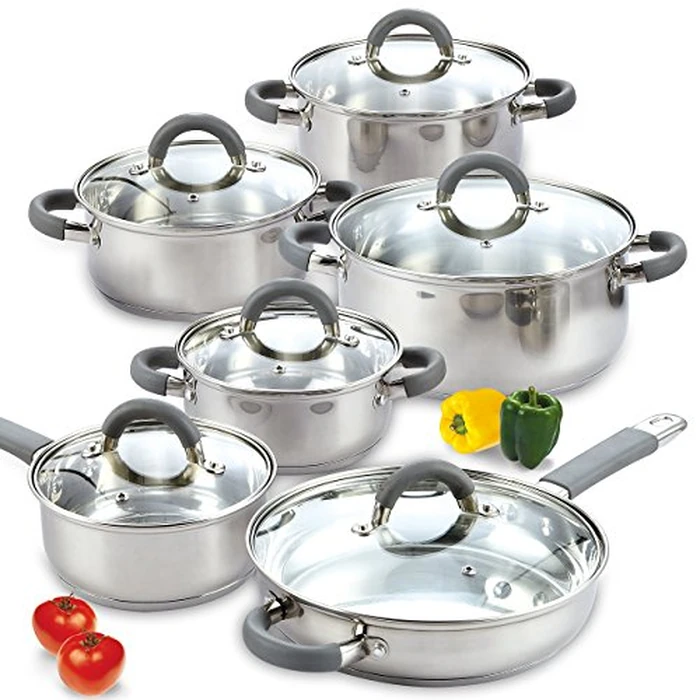 Cook N Home Stainless Steel Cookware Sets, 3-Ply 12 Pcs Pots and Pans Set with Stay-Cool Handle, Non-Toxic, Induction-Ready, Dishwasher & Oven Safe, Combatible w/ All Cooktops by Cook N Home - Used - Very Good condition - US$71.82