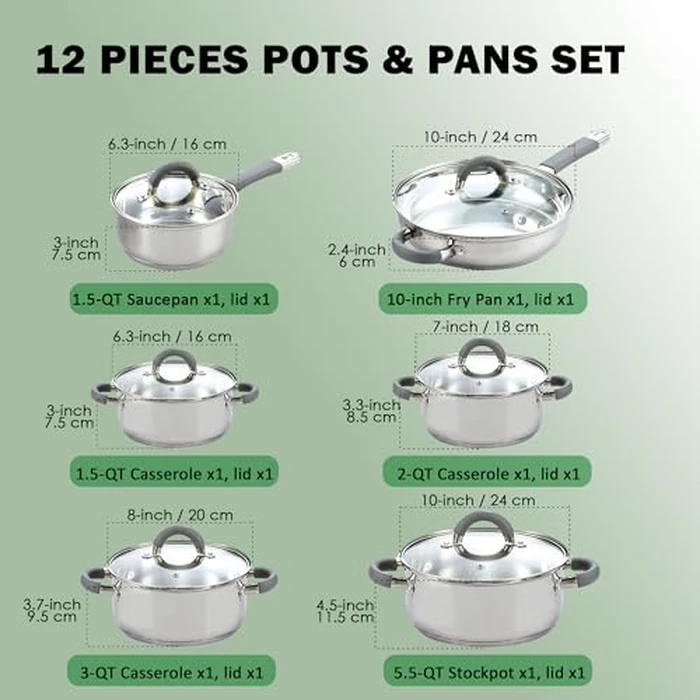Cook N Home Stainless Steel Cookware Sets, 3-Ply 12 Pcs Pots and Pans Set with Stay-Cool Handle, Non-Toxic, Induction-Ready, Dishwasher & Oven Safe, Combatible w/ All Cooktops by Cook N Home - Image 2