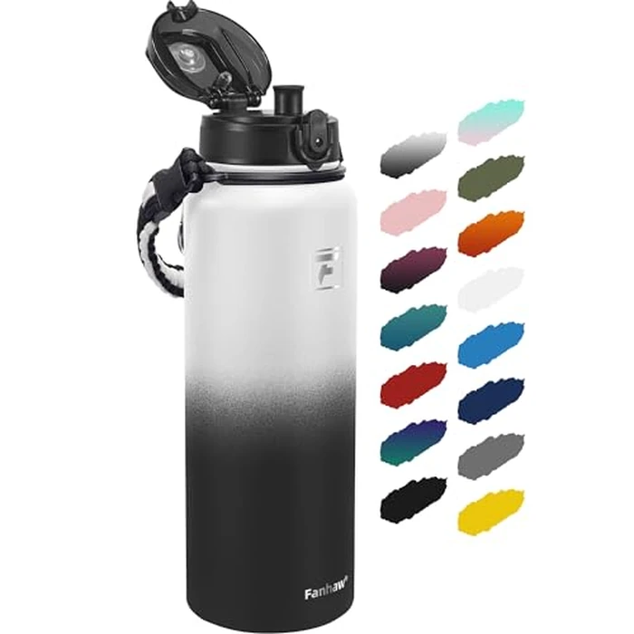 Fanhaw 40 Oz Insulated Stainless Steel Water Bottle with 1 Lid (Chug Lid) - For Outdoor, Women, Men | Leak & Sweat Proof with Anti-Dust Lid (White Black) by Fanhaw - Used - Very Good condition - CA$28.69