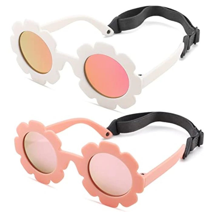 Hycredi Flexible Bendable Flower Baby Polarized Sunglasses with Strap Cute Shades for Newborn Infant Boys Girls Age 0-24 Months-White/Purple Red Mirror+Blue/Orange Red Mirror by Hycredi - Used - Like New condition - US$13.37