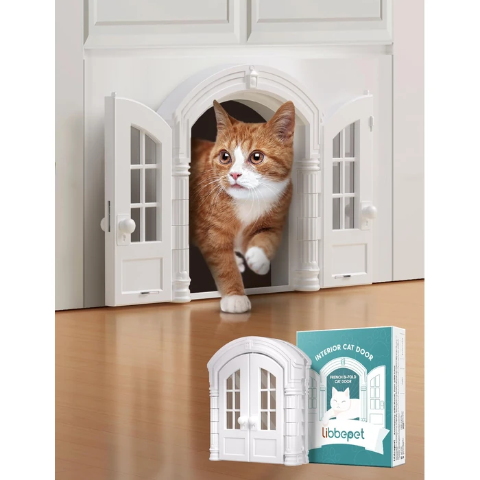 LIBBEPET Cat Door Indoor, French Bi-fold Indoor Pet Door for Average-Sized Cats Up to 25 lbs, Easy DIY Setup, Secured Installation in Minutes, No Training Needed, 6.3X 8.9”, White by LIBBEPET - Used - Acceptable condition