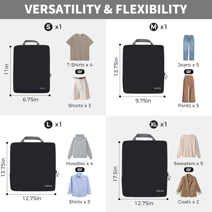 BAGAIL 4 Set/6 Set/8 Set Compression Packing Cubes Travel Accessories Expandable Packing Organizers (Cloth Pattern, 4-Black) by BAGAIL - Image 2