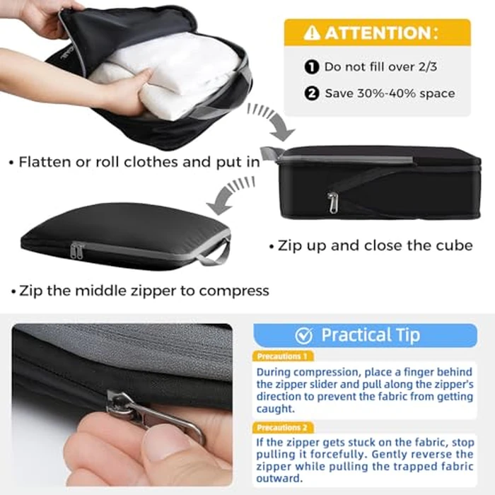 BAGAIL 4 Set/6 Set/8 Set Compression Packing Cubes Travel Accessories Expandable Packing Organizers (Cloth Pattern, 4-Black) by BAGAIL - Image 4