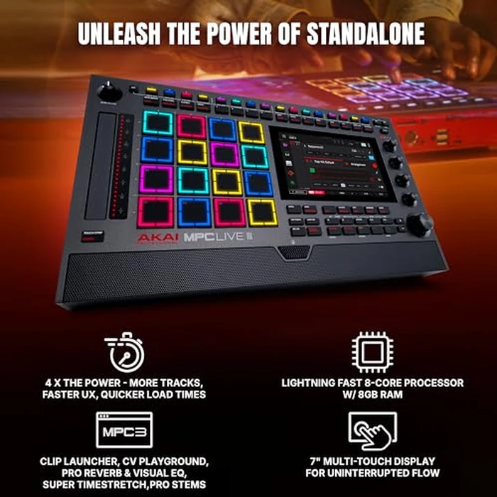 Akai Professional MPC Live III Standalone Portable Music Production Center with MPCe Pads, Sequencer, Touchscreen, Mic, Stereo Monitors, Audio Interface, Wi-Fi, Bluetooth, Battery, Touchstrip by Akai Professional - Image 3