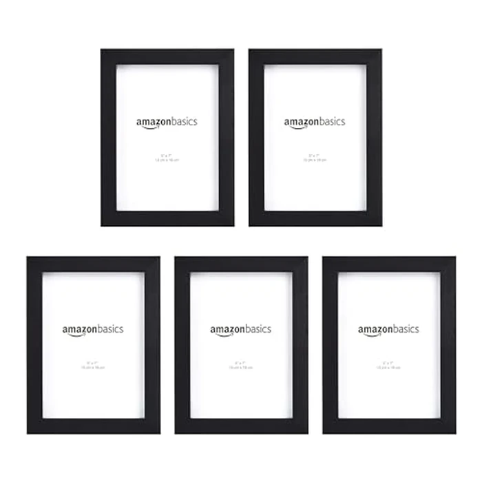 Amazon Basics Rectangular Picture Frame Set for Wall Hanging or Tabletop Display, 5 x 7 in, Black, Horizontal and Vertical Formats, 5-Pack by Amazon Basics - Used - Like New condition