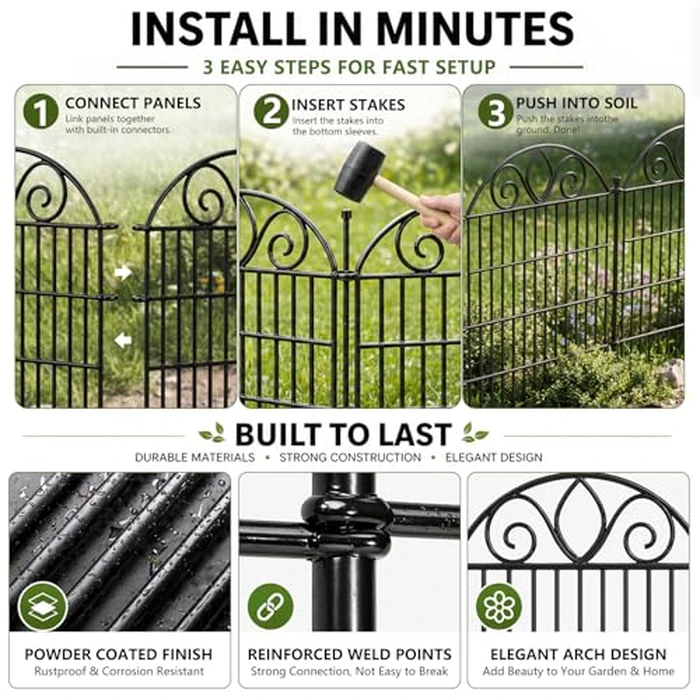 10-Panel No-Dig Tall Garden Fence - 44″H x 23.6′L Rustproof Metal Dog Fence, Decorative Yard & Garden Animal Barrier, Easy Install Outdoor Pet & Flower Bed Border, Temporary Fence by MIWEVRO - Image 7