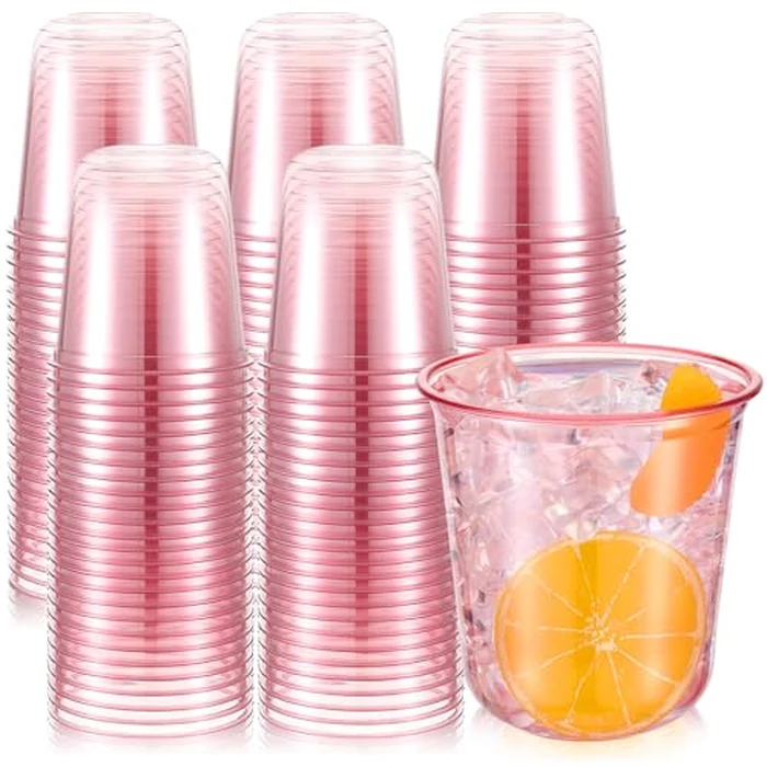 Ziliny 200 Pcs Disposable Stemless Glasses 12oz Crystal Plastic Wine Glasses Clear Classic Pet Cup for Meeting Weddings Birthdays Cocktail Christmas Party Supplies (Pink) by Ziliny - Image 1