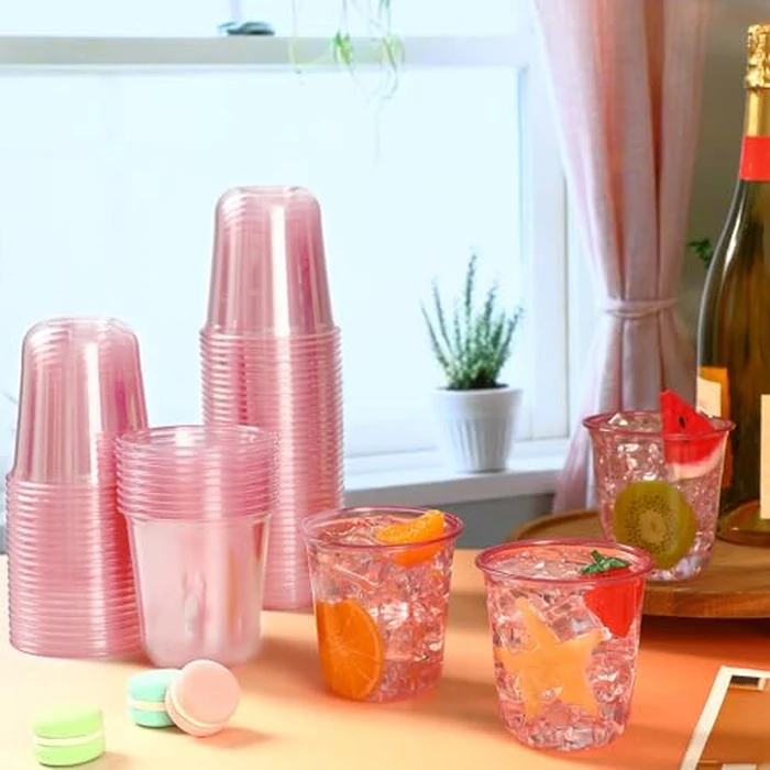 Ziliny 200 Pcs Disposable Stemless Glasses 12oz Crystal Plastic Wine Glasses Clear Classic Pet Cup for Meeting Weddings Birthdays Cocktail Christmas Party Supplies (Pink) by Ziliny - Image 2
