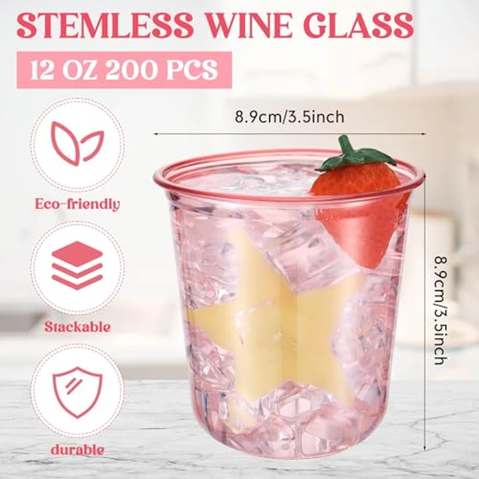 Ziliny 200 Pcs Disposable Stemless Glasses 12oz Crystal Plastic Wine Glasses Clear Classic Pet Cup for Meeting Weddings Birthdays Cocktail Christmas Party Supplies (Pink) by Ziliny - Image 3