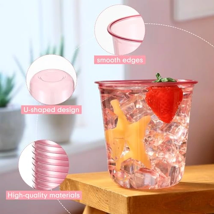 Ziliny 200 Pcs Disposable Stemless Glasses 12oz Crystal Plastic Wine Glasses Clear Classic Pet Cup for Meeting Weddings Birthdays Cocktail Christmas Party Supplies (Pink) by Ziliny - Image 4