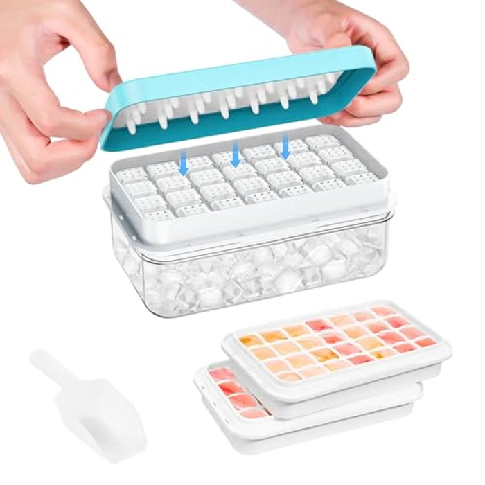 Ice Cube Tray with Lid and Bin, 56 pcs Ice Cubes Molds, Ice Trays for Freezer, Ice Cube Tray Mold, with 2 Trays, Ice Freezer Container, Spill-Resistant Removable Lid & Ice Scoop, for Whiskey,Cocktail by PHINOX - Image 1