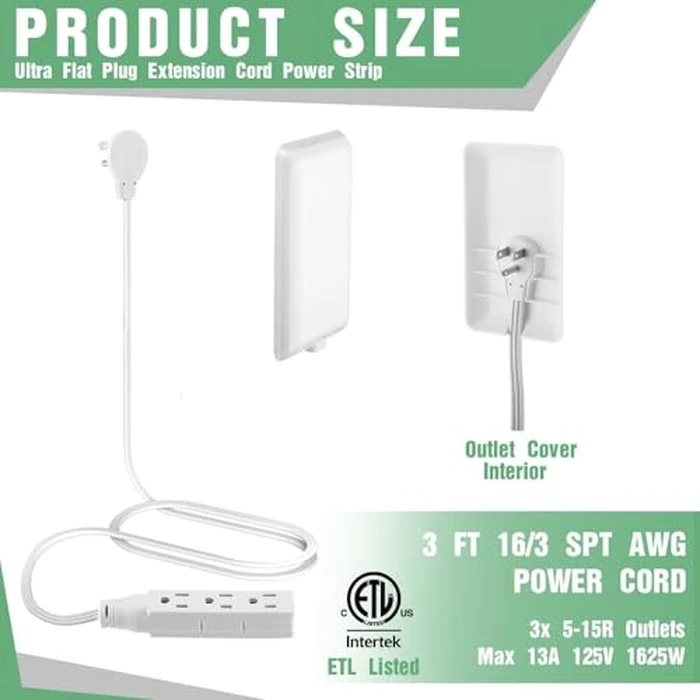 Flat Plug Extension Cord 3FT with Outlet Covers Baby Proofing,Ultra Thin Outlet Concealer with 3 Outlet Power Strip Universal Size for Home,Bedroom,Kitchen,Bathroom with ETL Listed,White by Znknthr - Used - Acceptable condition