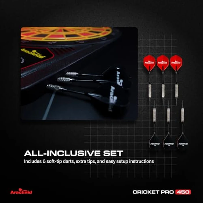 Arachnid CricketPro 450 Electronic Dartboard - 15.5” Regulation Size - 31 Games & 178 Variations - Multi-Color LED Display - Automatic Scoring & Checkout Assist - Includes 6 Soft Tip Darts by Arachnid - Image 6