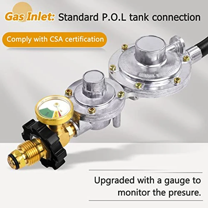 Azdele Upgraded Two Stage Propane Regulator with 10ft Hose and Gauge, Standard P.O.L Tank Connection, 3/8in Female Flare Fitting for Grill, Heaters, Fire Pit, Gas Generator/Stove/Range-CSA Certified by Azdele - Image 2