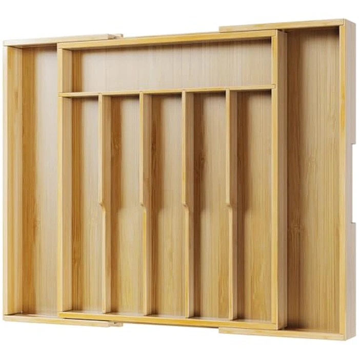 Kitsure Silverware Organizer - Expandable Bamboo Kitchen Drawer Organizer, Adjustable Cutlery Tray for Kitchen Storage & Organisation, 39.3 x 4.8 x 31.6-51.3cm by Kitsure - Used - Acceptable condition - CA$20.74