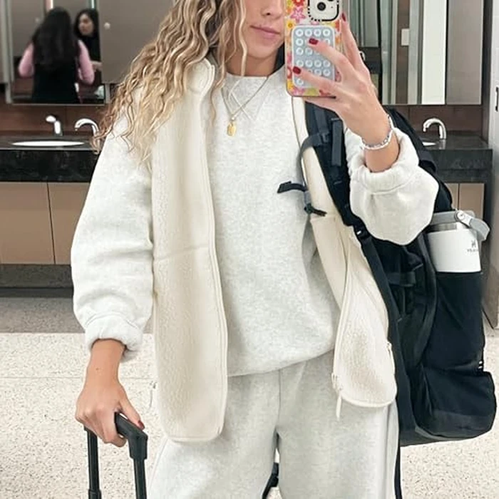 Hixiaohe Sherpa Fleece Vest for Women Trendy Warm Sleeveless Vests Jacket Lightweight Zip Coats with Pockets Fall Outerwear(Beige,L) by Hixiaohe - Image 4