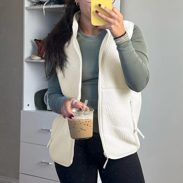 Hixiaohe Sherpa Fleece Vest for Women Trendy Warm Sleeveless Vests Jacket Lightweight Zip Coats with Pockets Fall Outerwear(Beige,L) by Hixiaohe - Image 7