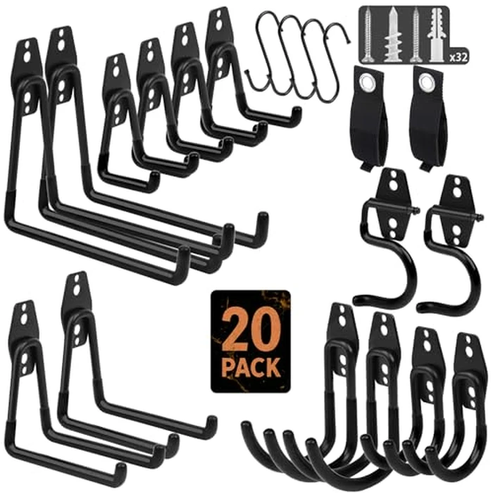 EZ COZY 20 Pack Garage Hooks Heavy Duty - Wall Mount Utility Hooks for Hanging, Garage Organization, Tool Hangers for Garage Wall, Ladder Holders, Assorted Sizes with Mounting Screws (Black) by EZ COZY - Used - Very Good condition - US$15.98