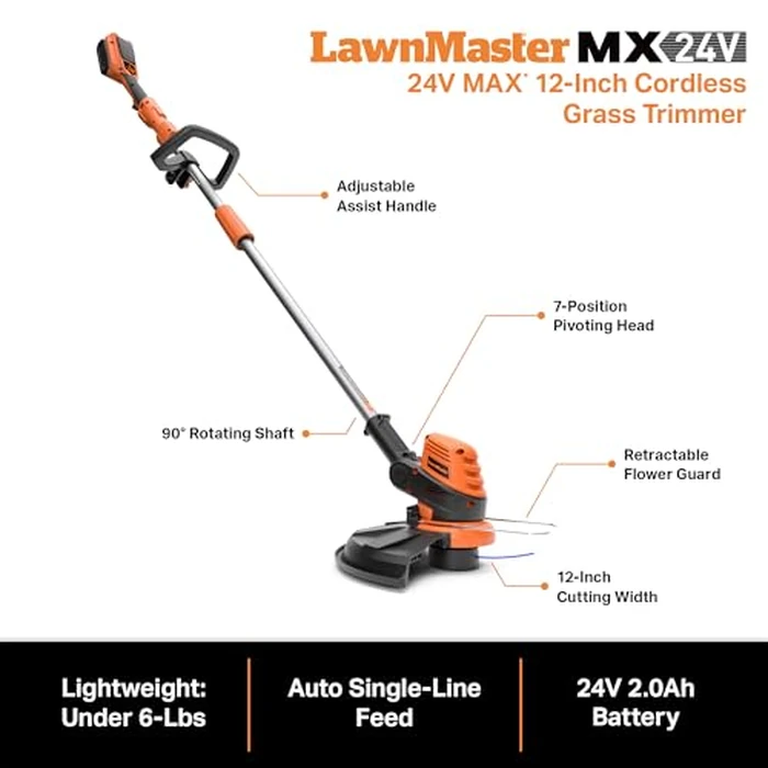 LawnMaster CLGT2412S 24V 12" Cordless String Trimmer 2.0AH Battery & Charger Included by Lawnmaster - Image 4