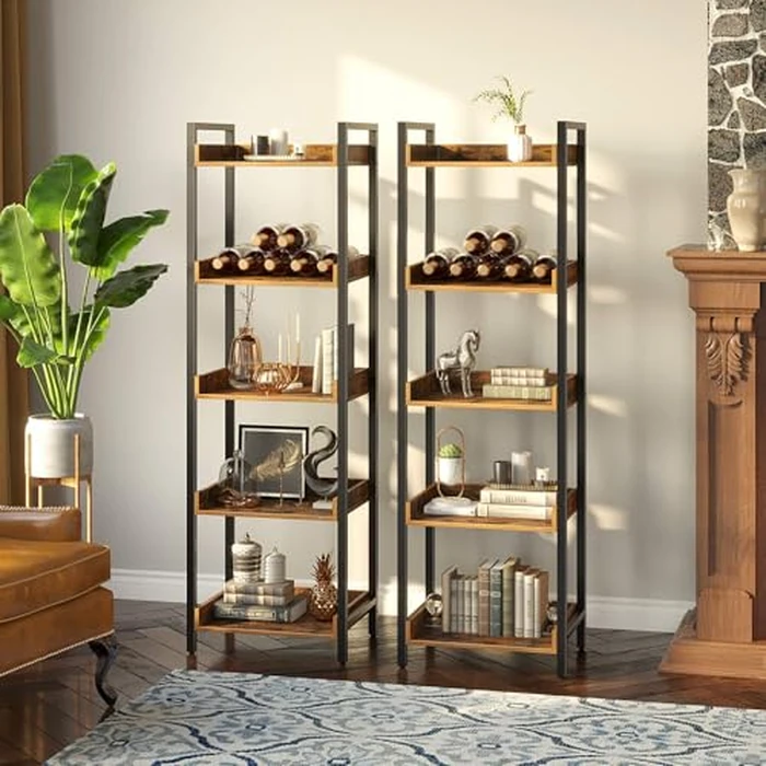 Rolanstar Bookshelf, 5-Tier Storage Rack, Narrow Corner Bookshelf, Display Wooden Shelves for Living Room, Bathroom, Balcony, Kitchen,Rustic Brown by Rolanstar - Image 2