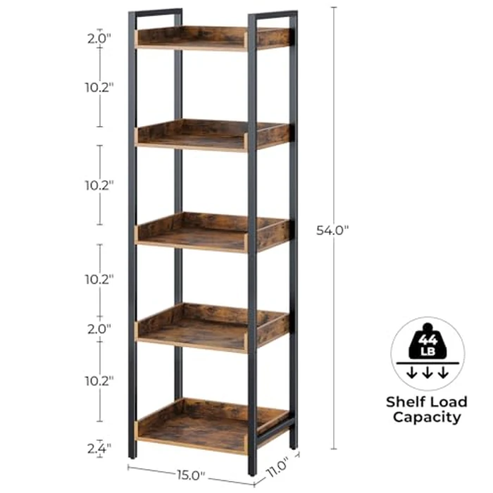 Rolanstar Bookshelf, 5-Tier Storage Rack, Narrow Corner Bookshelf, Display Wooden Shelves for Living Room, Bathroom, Balcony, Kitchen,Rustic Brown by Rolanstar - Image 3