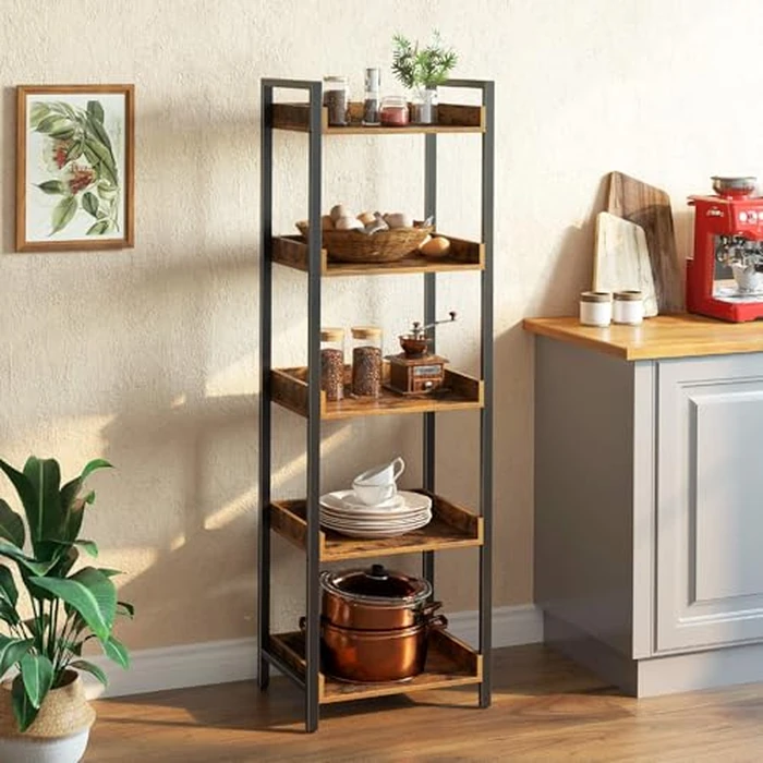 Rolanstar Bookshelf, 5-Tier Storage Rack, Narrow Corner Bookshelf, Display Wooden Shelves for Living Room, Bathroom, Balcony, Kitchen,Rustic Brown by Rolanstar - Image 5