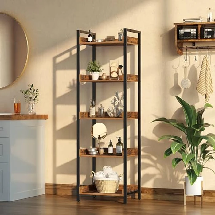 Rolanstar Bookshelf, 5-Tier Storage Rack, Narrow Corner Bookshelf, Display Wooden Shelves for Living Room, Bathroom, Balcony, Kitchen,Rustic Brown by Rolanstar - Image 6