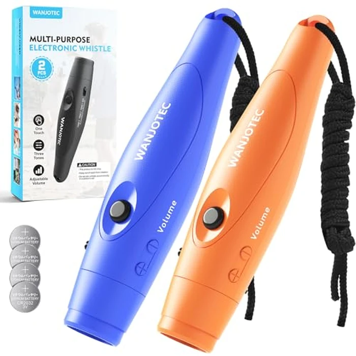 WANJOTEC Electronic Whistle for Teacher Coache, 3 Tones Adjustable 130db Loudest High Volume Handheld Emergency Electric Whistles for Referee, P.E.Outdoor Sports Whistles with Lanyard (Blue+Orange) by WANJOTEC - Used - Like New condition