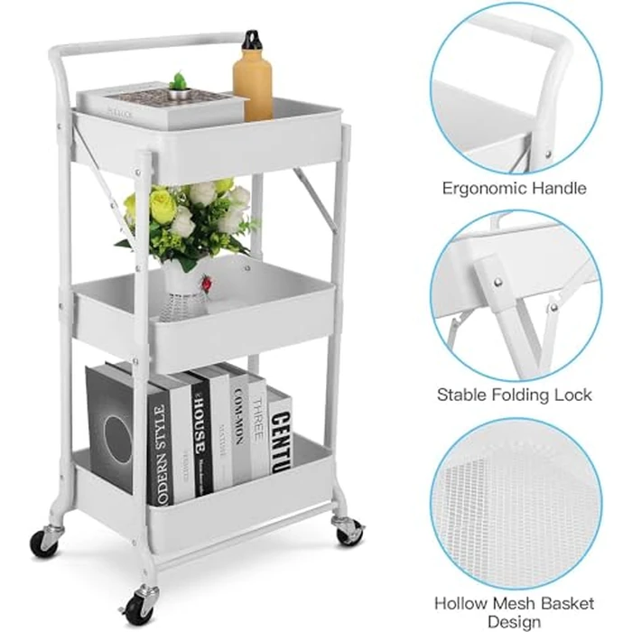 johgee Foldable 3 Tier Metal Utility Rolling Cart, Folding Mobile Multi-Function Storage Trolley Organizer Cart for Home Library Office(White) by johgee - Image 2