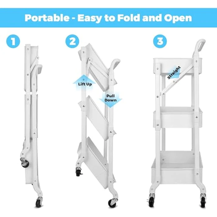 johgee Foldable 3 Tier Metal Utility Rolling Cart, Folding Mobile Multi-Function Storage Trolley Organizer Cart for Home Library Office(White) by johgee - Image 4