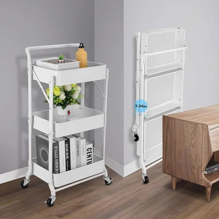 johgee Foldable 3 Tier Metal Utility Rolling Cart, Folding Mobile Multi-Function Storage Trolley Organizer Cart for Home Library Office(White) by johgee - Image 6