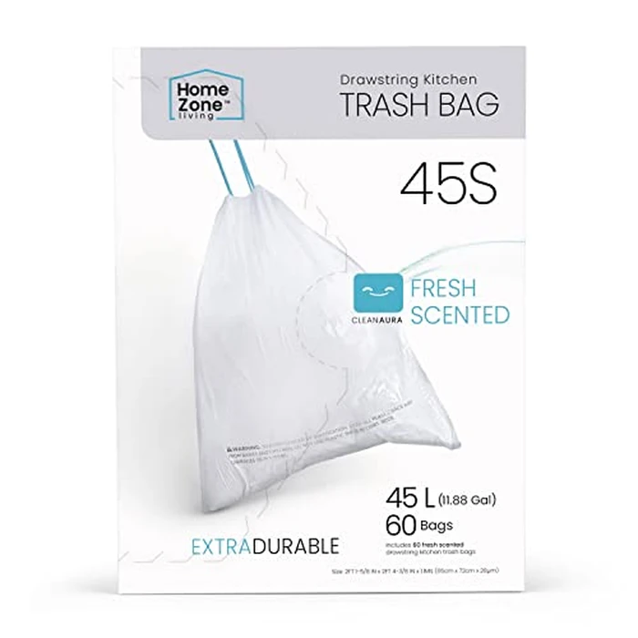 Home Zone Living 12 Gallon Kitchen Trash Bags with Drawstring Handles, Heavy Duty Custom Fit Design for Standard 45 to 50 Liter Kitchen Trash Cans, Code 45S, 60-Count by Home Zone Living - Used - Like New condition - US$11.95
