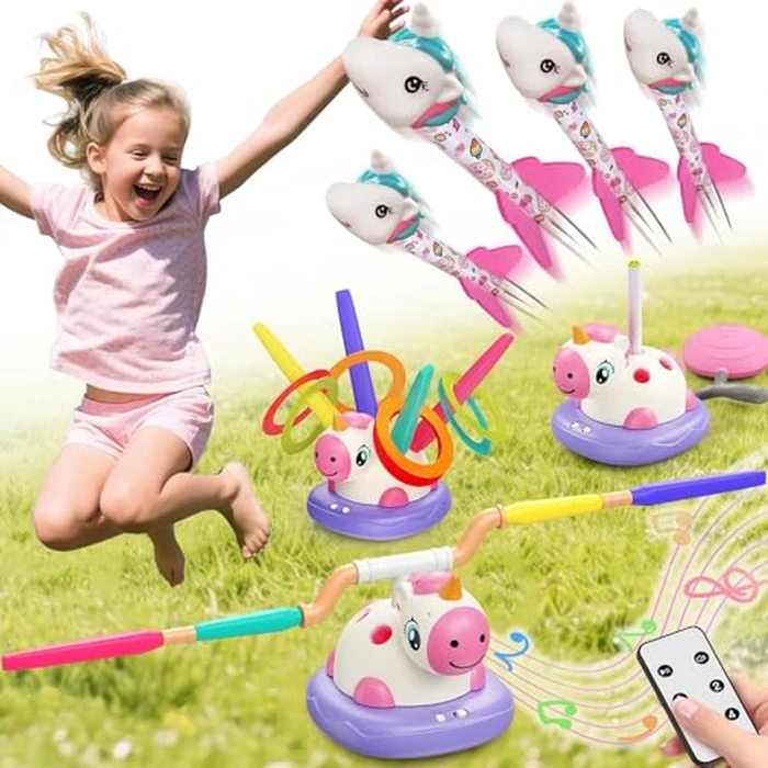 3 in 1 Unicorn Rocket Launcher, Ring Toss & Musical Jump, Outdoor Jumping Spinning Toy for Kids Ages 3-8, Indoor Active Play Set for Boys Girls, STEM Learning Birthday Gift for 3 4 5 6 7 8 Years Old by Aliex - Image 1