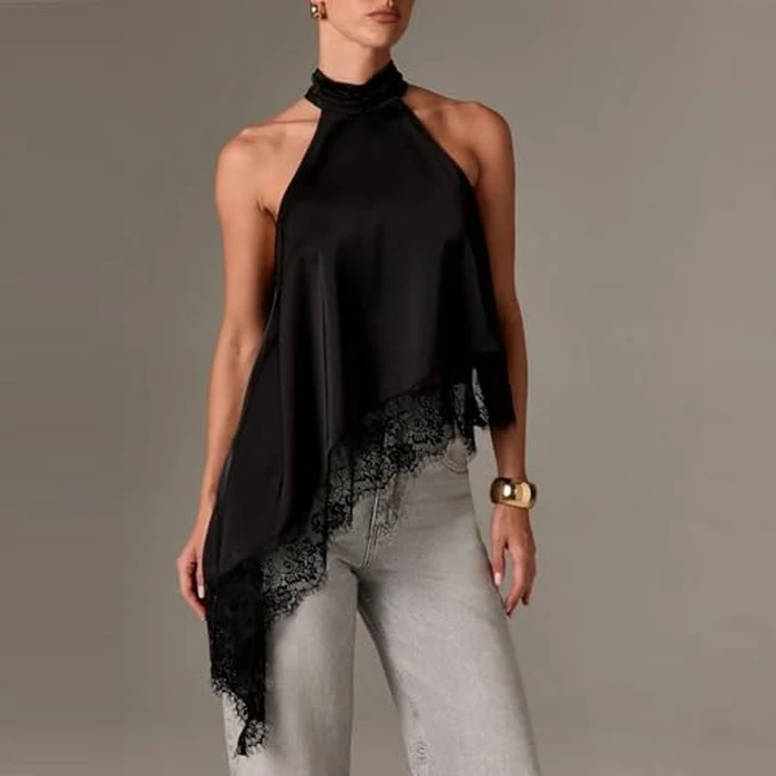 Women Y2k Halter Neck Top Satin Silk Lace Trim Tank Top Asymmetric Hem Sleeveless Backless Crop Top (b Black, S) by Sastianaen - Image 2