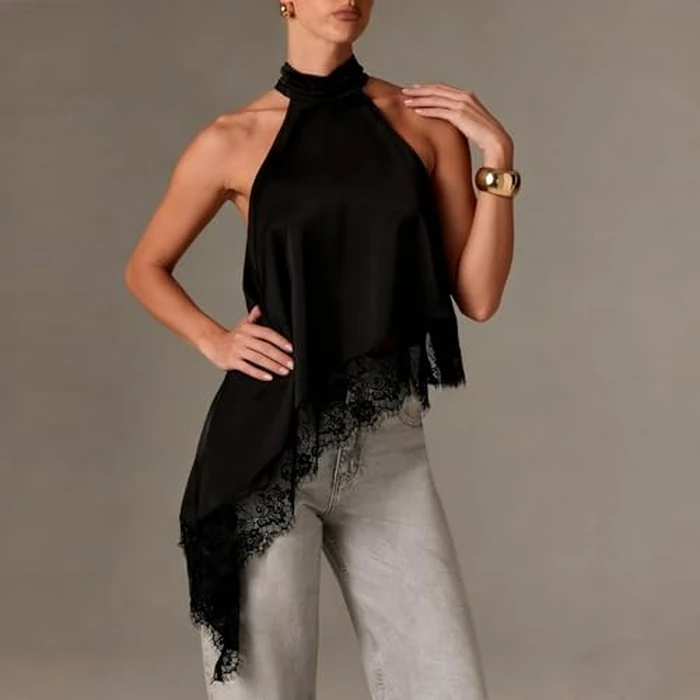 Women Y2k Halter Neck Top Satin Silk Lace Trim Tank Top Asymmetric Hem Sleeveless Backless Crop Top (b Black, S) by Sastianaen - Image 5
