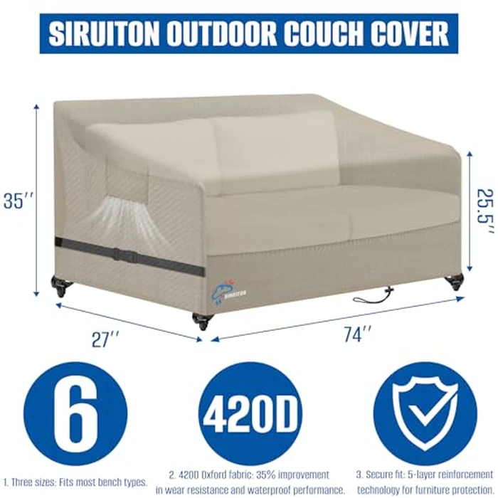 SIRUITON 4-Seat Garden Patio Sofa/Loveseat/Bench Cover 73" W x 27" D x 35" H,Heavy Duty 420D Oxford Waterproof Outdoor Sofa Cover, Lawn Patio Furniture Covers by SIRUITON - Image 2