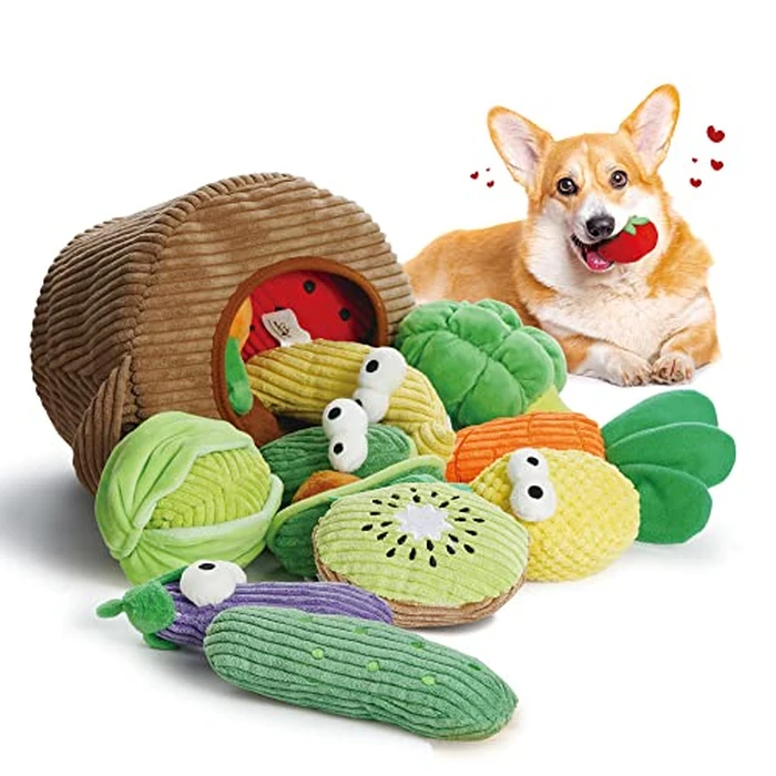 Nocciola Squeaky Fruits Veggies Stuffed Dog Toys Pack- Hide Seek Grocery Basket Crinkle Plush Puppy Toys to Keep Busy, Birthday Pet Supplies Gifts for Small Medium Breeds by Nocciola - Used - Like New condition - US$23.99