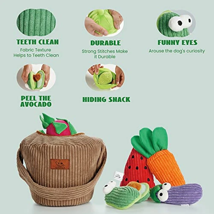 Nocciola Squeaky Fruits Veggies Stuffed Dog Toys Pack- Hide Seek Grocery Basket Crinkle Plush Puppy Toys to Keep Busy, Birthday Pet Supplies Gifts for Small Medium Breeds by Nocciola - Image 4