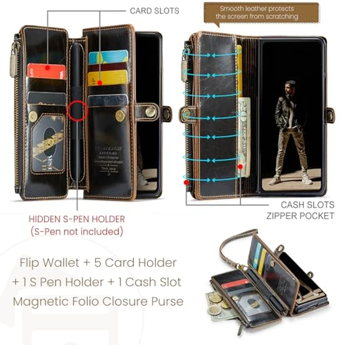 Defencase Wallet Case Compatible with Samsung Galaxy Z Fold 4 with RFID Blocking Card Holder & S Pen Holder Slot PU Leather Magnetic Snap Flip Zipper Strap Phone Case Fit for Galaxy Z Fold 4, Coffee by Defencase - Image 2