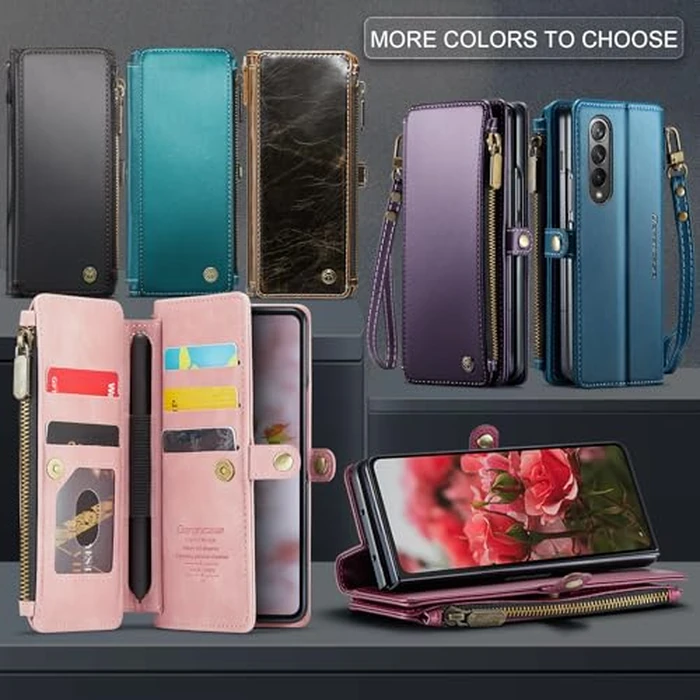 Defencase Wallet Case Compatible with Samsung Galaxy Z Fold 4 with RFID Blocking Card Holder & S Pen Holder Slot PU Leather Magnetic Snap Flip Zipper Strap Phone Case Fit for Galaxy Z Fold 4, Coffee by Defencase - Image 6